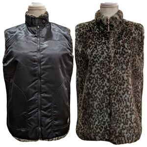 Guess Women's Reversible Full Zip Vest Black & Animal Print Faux Fur Size M
